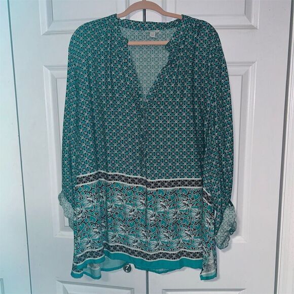 EST. 1946 Boho Tunic Blouse Turquoise White Geometric Print V-Neck size 26/28 - Picture 1 of 7